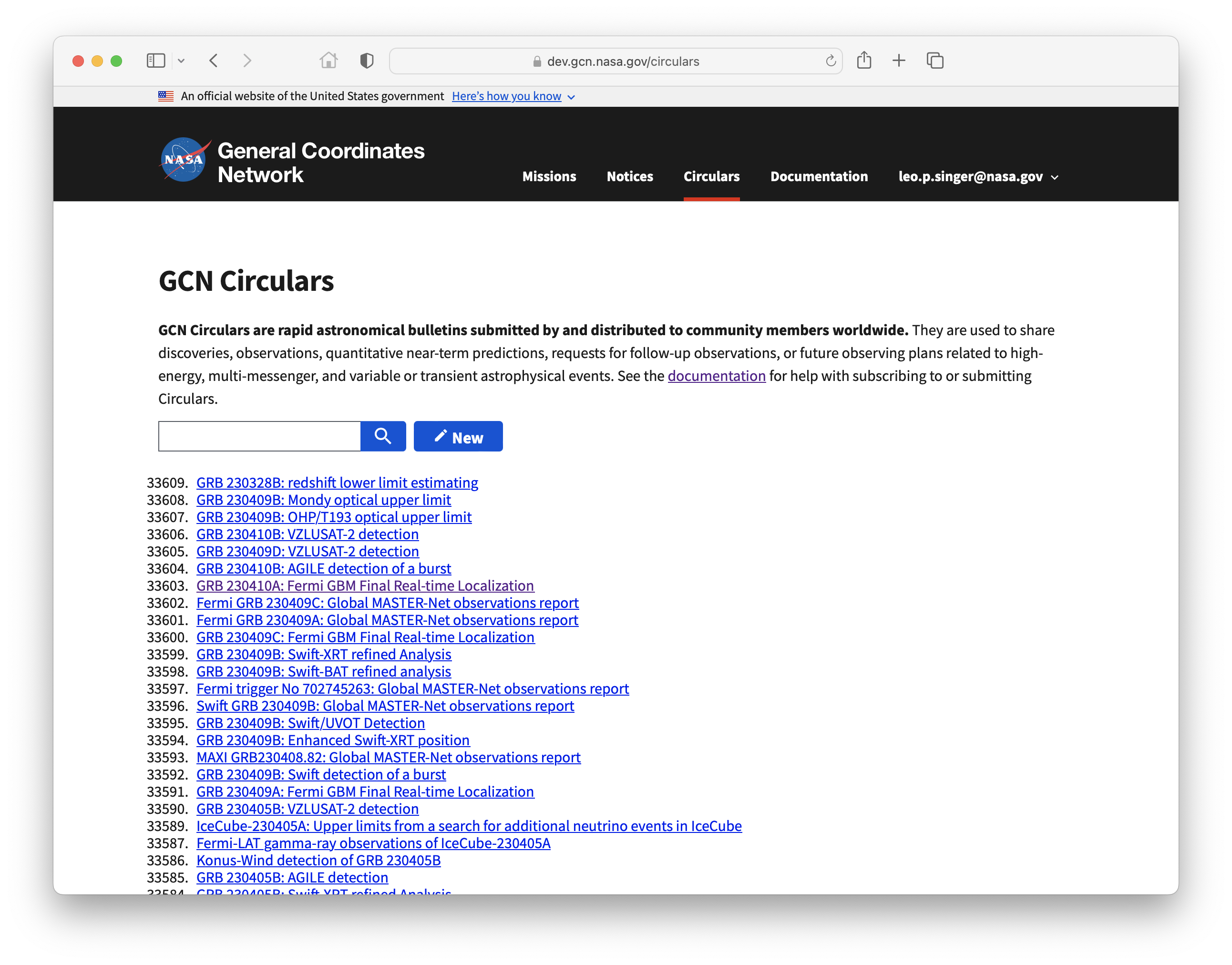 Screen shot of a GCN Circulars archive