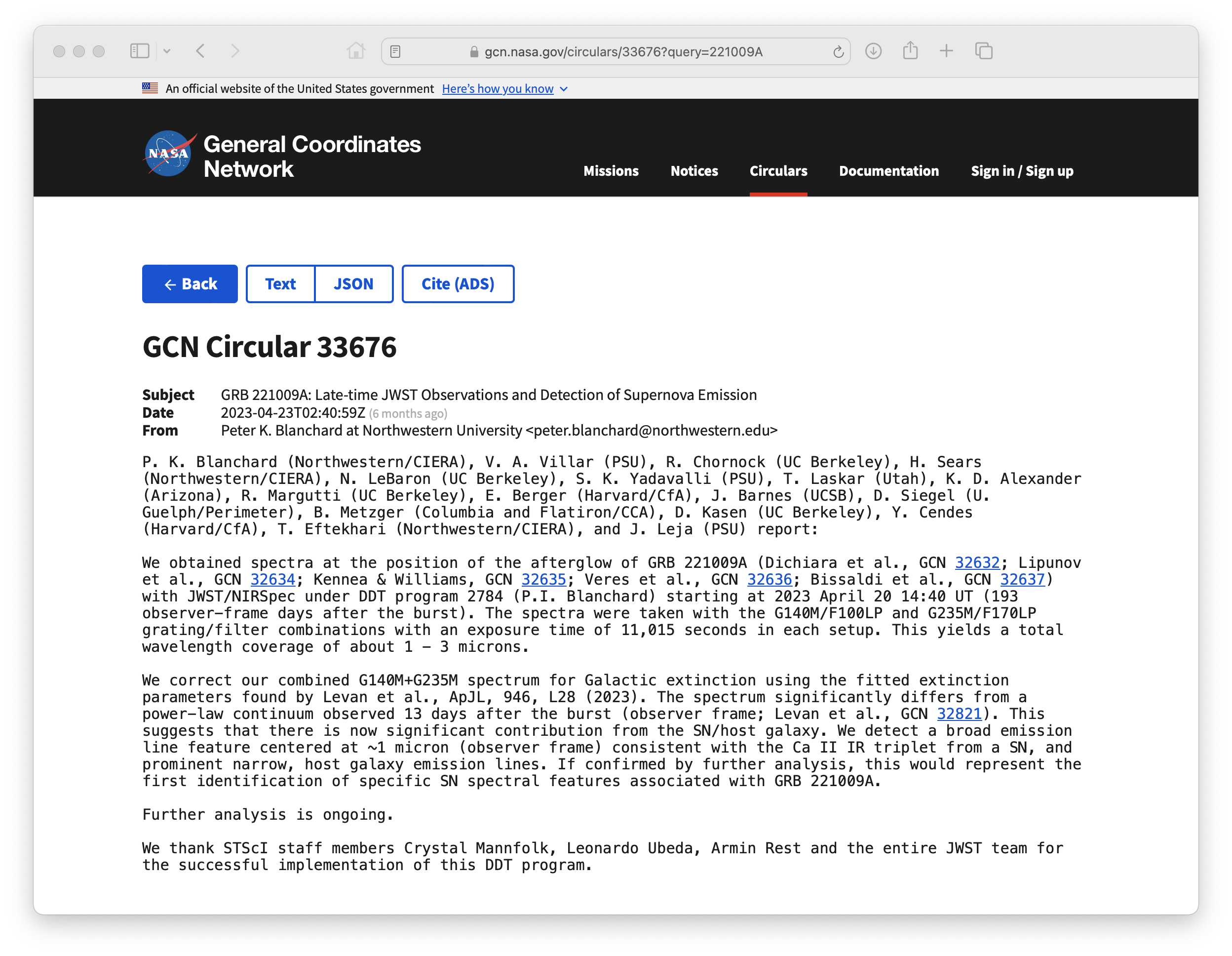 Screen shot of a GCN Circular