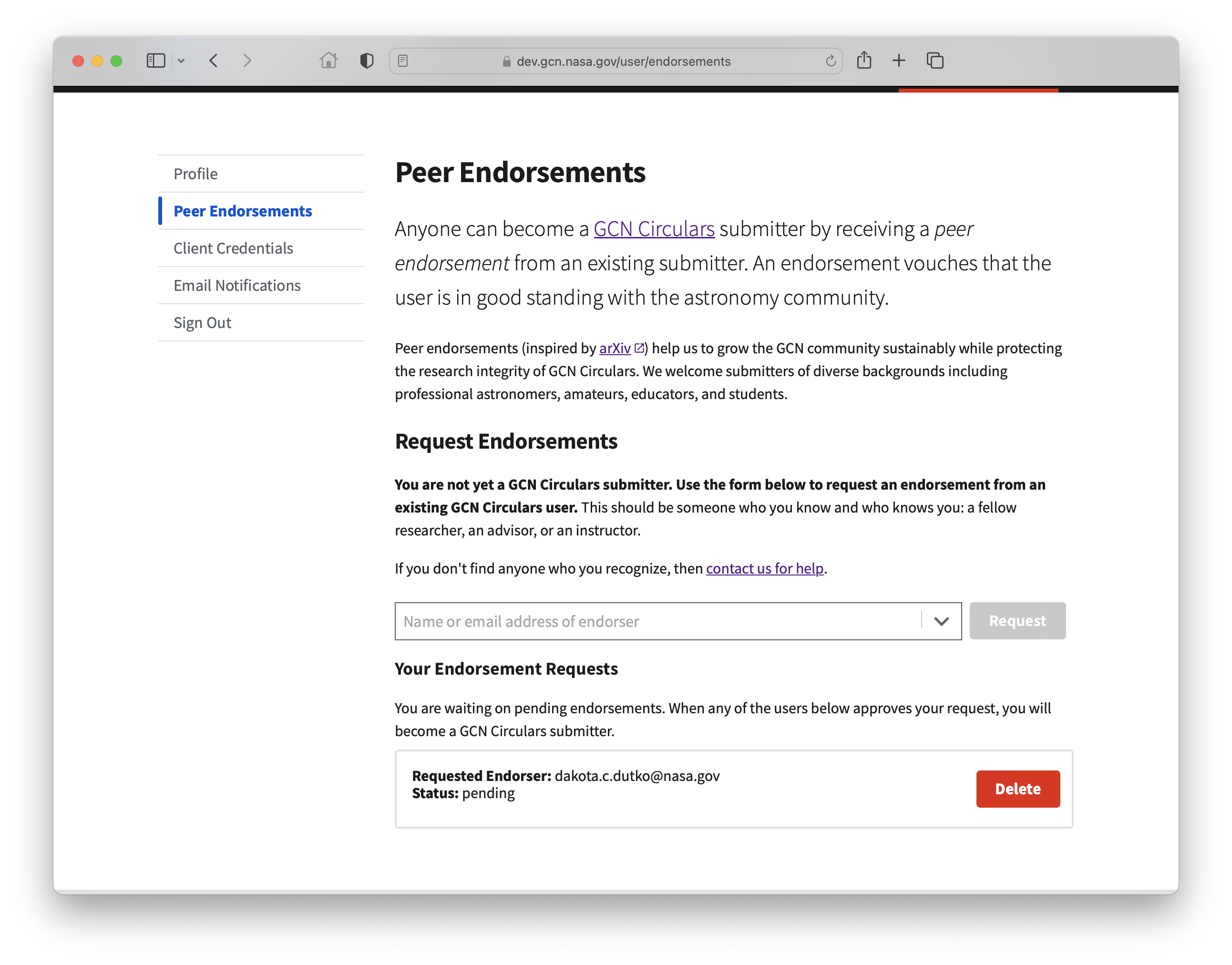Screen shot of a GCN Circulars peer endorsement process