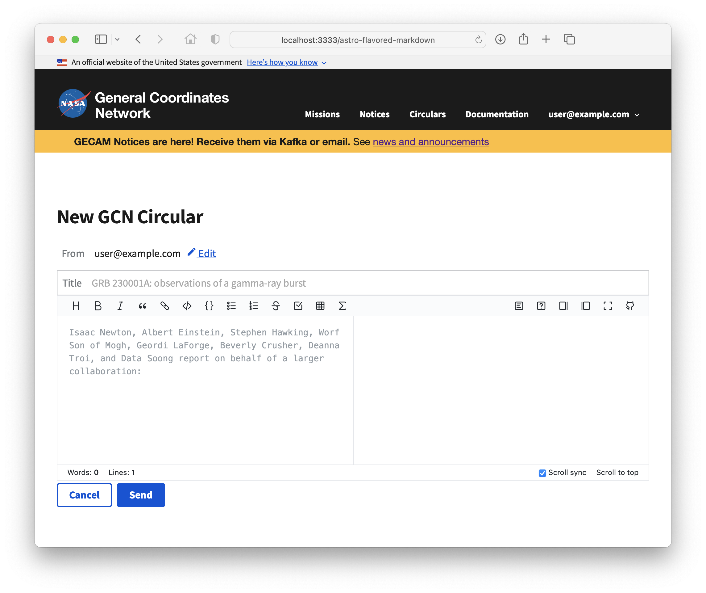 Screen shot of GCN Circular web form