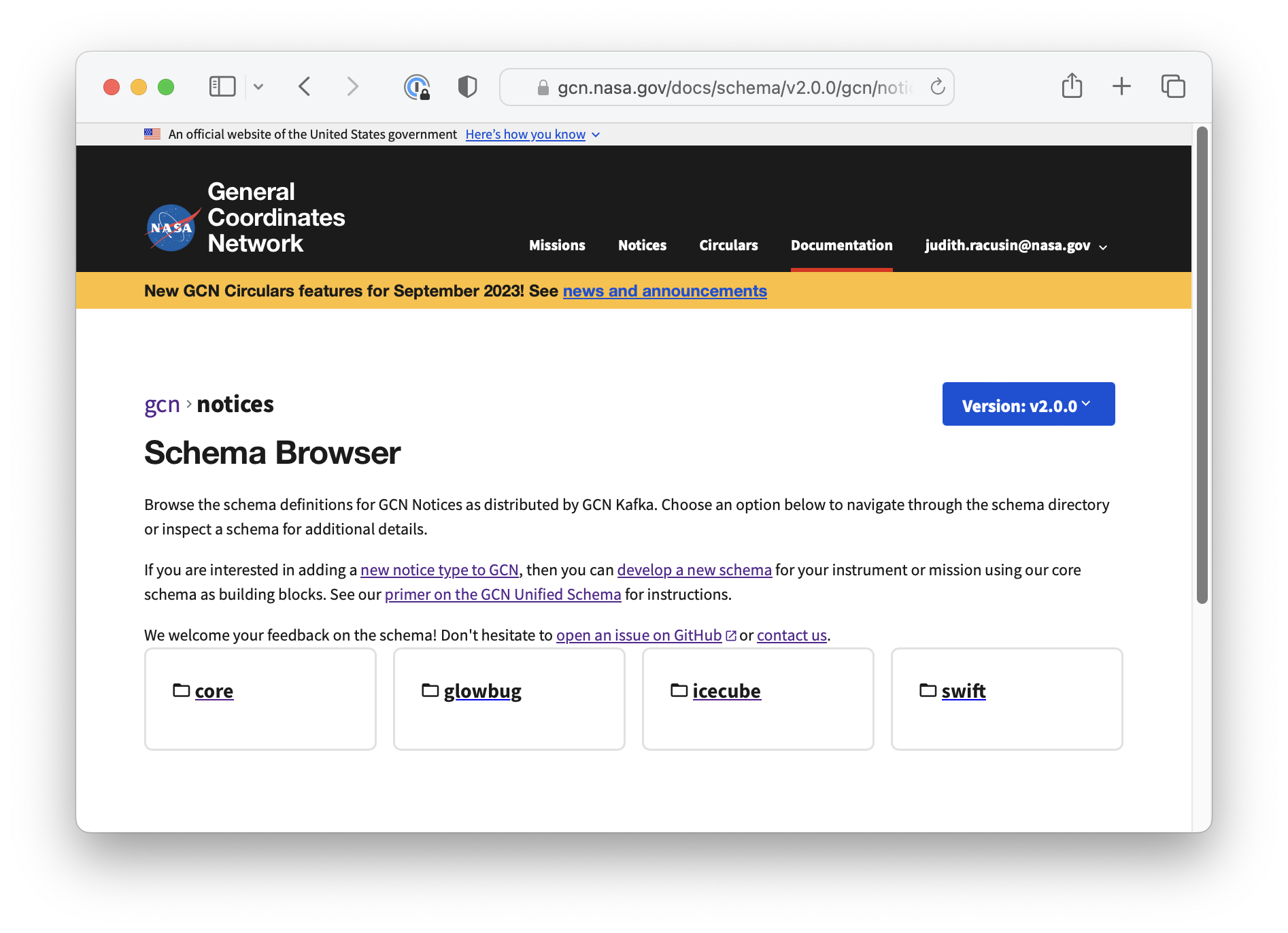 Screen shot of Notices Schema Browser